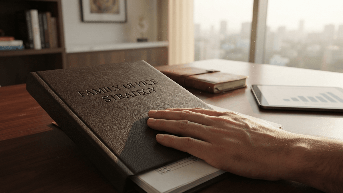A leather-bound portfolio titled 'FAMILY OFFICE STRATEGY' rests on a mahogany desk in a sunlit office.