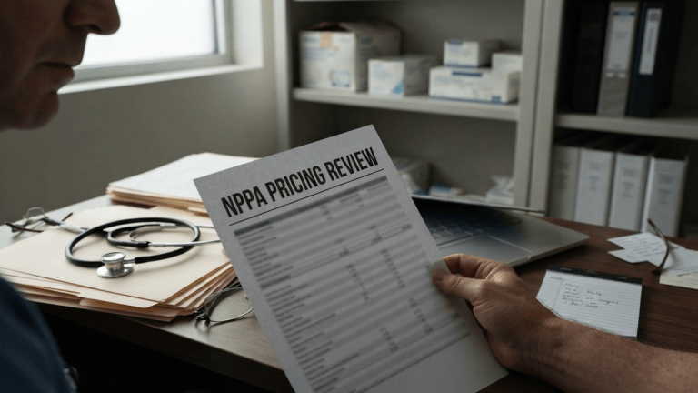A close-up of a report titled 'NPPA PRICING REVIEW' on a desk in a hospital office.