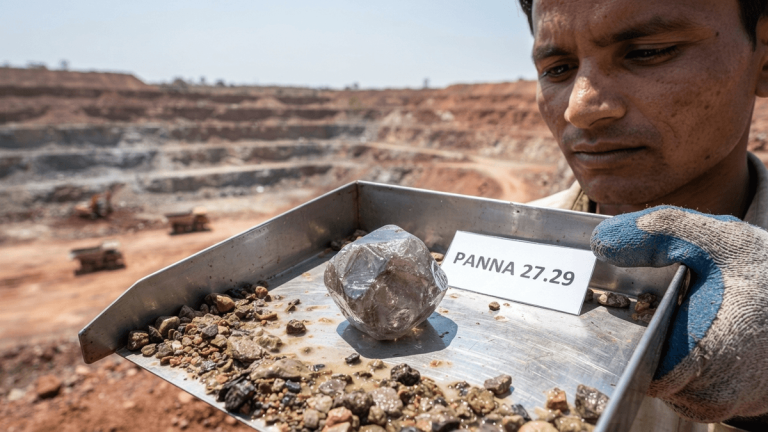 A close-up of a large, rough diamond on a metal tray at the NMDC Panna mine.