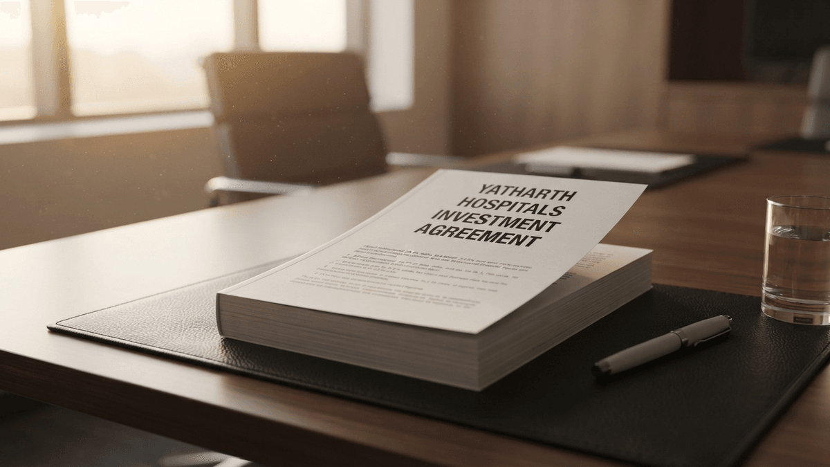 A close-up of a legal document titled 'YATHARTH HOSPITALS INVESTMENT AGREEMENT' resting on a dark leather desk pad.