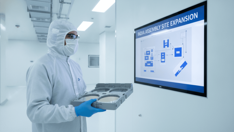 A technician in a cleanroom looks at a digital screen showing a site map for a semiconductor facility expansion.