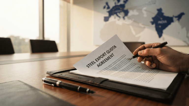 A document titled 'STEEL EXPORT QUOTA AGREEMENT' rests on a wooden table in a professional office setting.