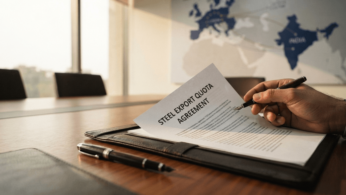 A document titled 'STEEL EXPORT QUOTA AGREEMENT' rests on a wooden table in a professional office setting.