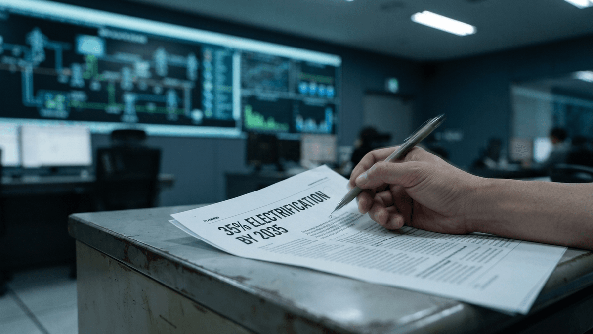 A close-up of a document with the text 35% ELECTRIFICATION BY 2035, held by a hand in a power grid control room.