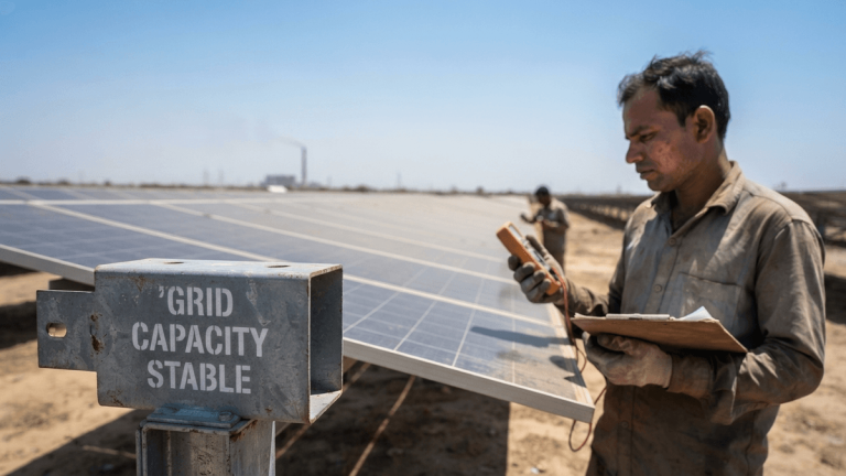 A wide shot of solar panels in a desert with a distant factory silhouette, featuring a label reading 'GRID CAPACITY STABLE'.