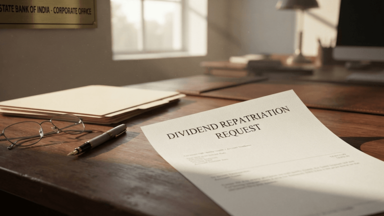 A close-up of a document titled 'DIVIDEND REPATRIATION REQUEST' on a wooden office desk.