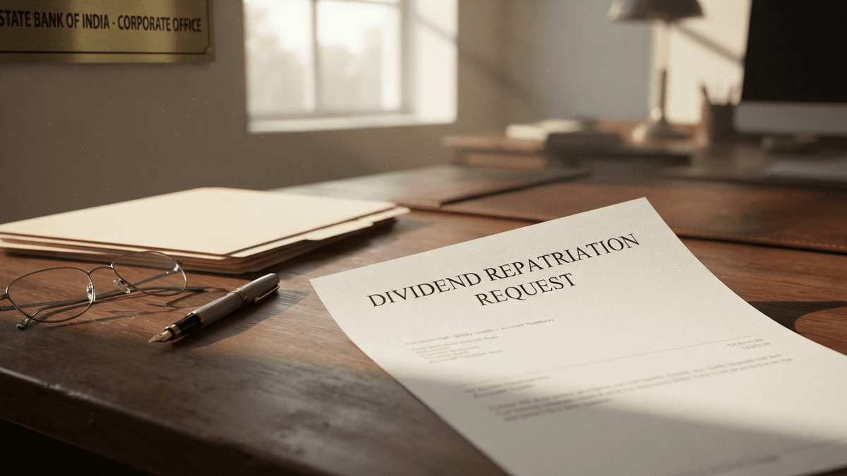 A close-up of a document titled 'DIVIDEND REPATRIATION REQUEST' on a wooden office desk.