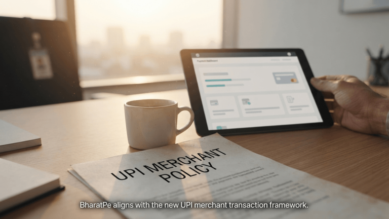 A document titled UPI MERCHANT POLICY sits on a desk next to a tablet and a coffee mug in a sunlit office.