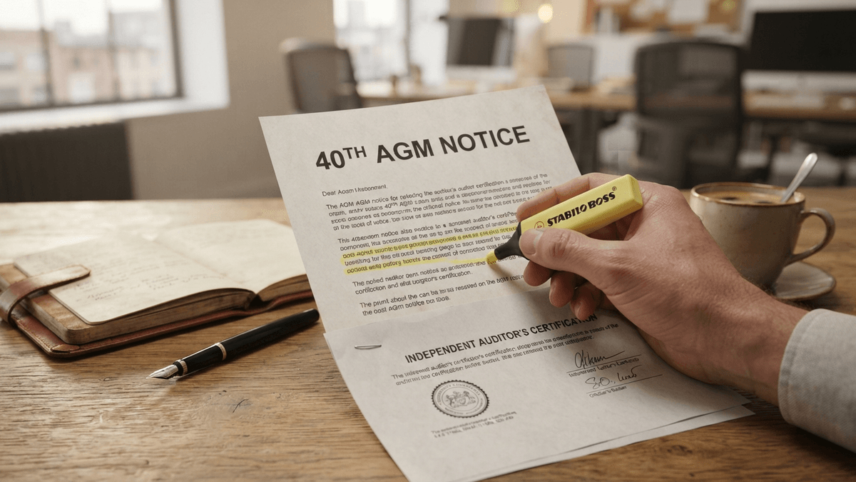 A close-up of the 40th AGM notice document for NMS Global with an attached auditor certificate on a desk.
