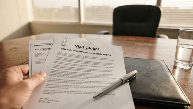 A printed notice for the 40th Annual General Meeting of NMS Global resting on a boardroom table.