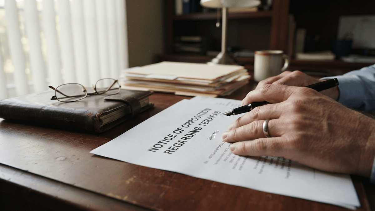 A close-up of a legal document titled Notice of Opposition Regarding Terafab on a desk.