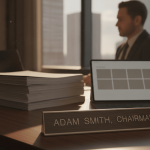 A desk nameplate reading 'ADAM SMITH, CHAIRMAN' sits on a modern office desk with a tablet and financial documents.