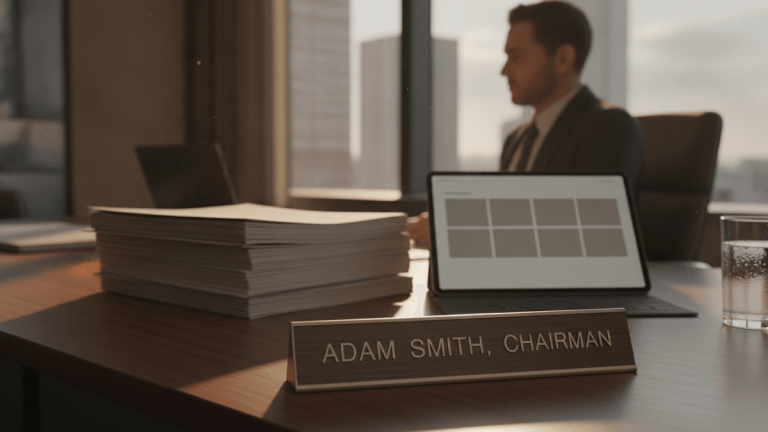 A desk nameplate reading 'ADAM SMITH, CHAIRMAN' sits on a modern office desk with a tablet and financial documents.