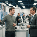 Two people talk at a trade show booth featuring a robotic arm and a large screen displaying vision system data.