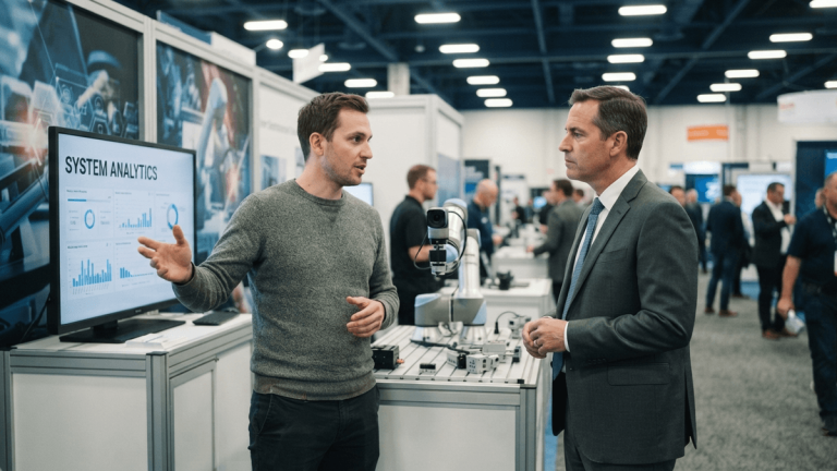 Two people talk at a trade show booth featuring a robotic arm and a large screen displaying vision system data.