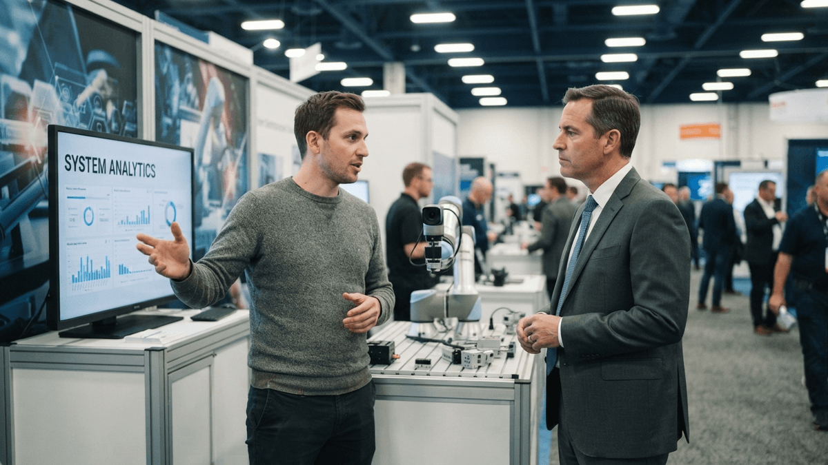 Two people talk at a trade show booth featuring a robotic arm and a large screen displaying vision system data.