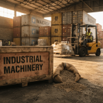 A shipping crate labeled 'INDUSTRIAL MACHINERY' sits next to a sack of coffee beans in a warehouse.