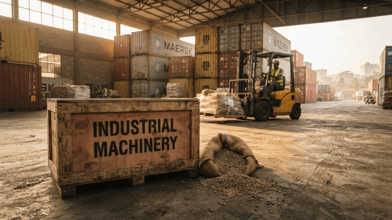 A shipping crate labeled 'INDUSTRIAL MACHINERY' sits next to a sack of coffee beans in a warehouse.