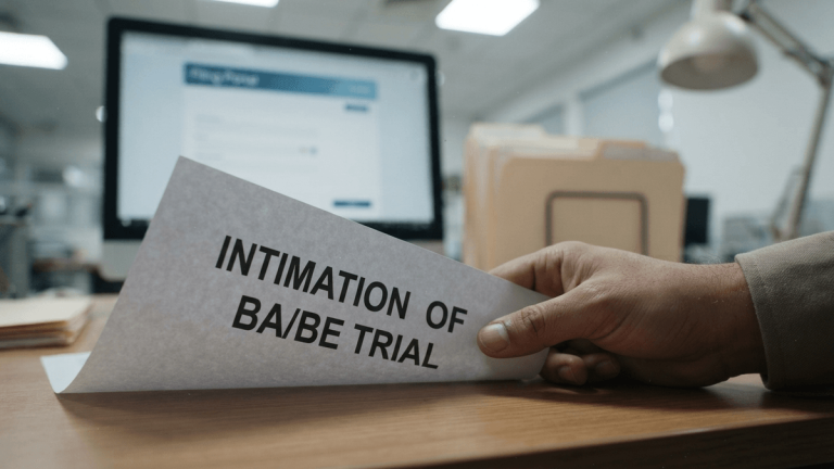 A hand places a document titled 'INTIMATION OF BA/BE TRIAL' on a desk in a pharmaceutical regulatory office.