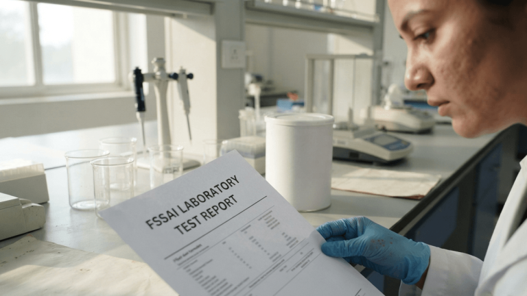 A laboratory desk with testing equipment, an unbranded formula canister, and an official FSSAI report partially covered.