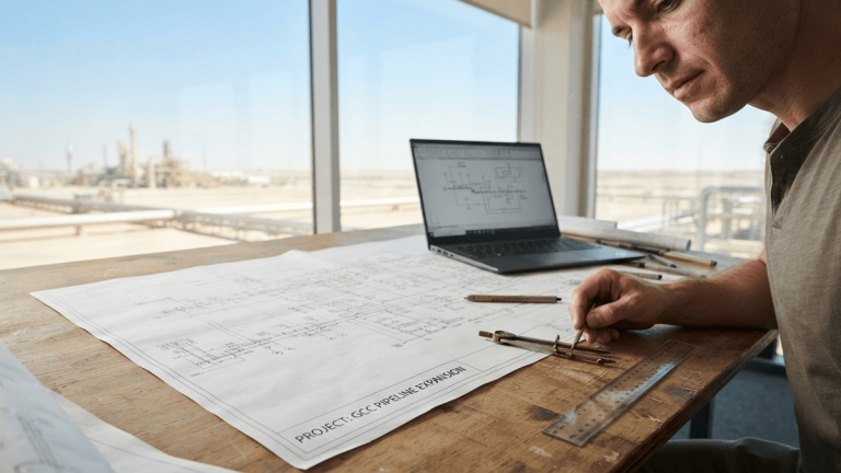 A large architectural blueprint of a pipeline network lies on a desk in an office overlooking a desert landscape.