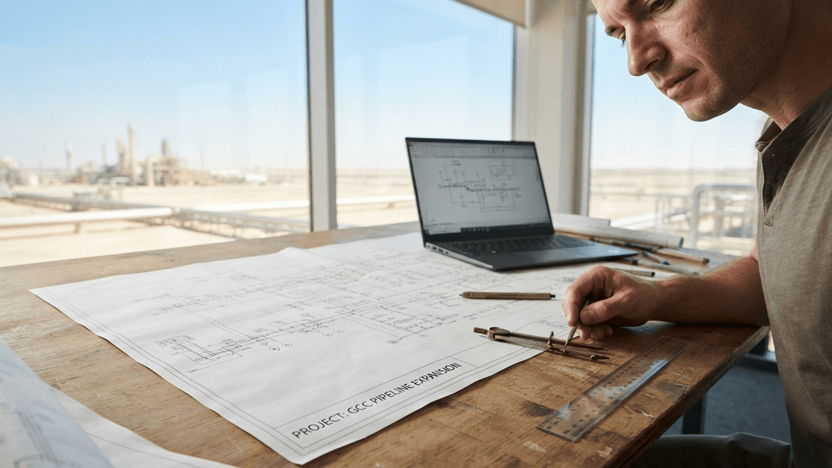 A large architectural blueprint of a pipeline network lies on a desk in an office overlooking a desert landscape.