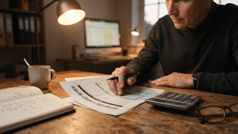 A close-up view of a hand holding a pen over a financial report titled 'QUARTERLY ASSET REVIEW' on a desk.