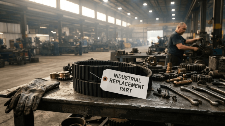 A black industrial rubber belt with a large tag reading 'INDUSTRIAL REPLACEMENT PART' sits on a cluttered metal workbench.
