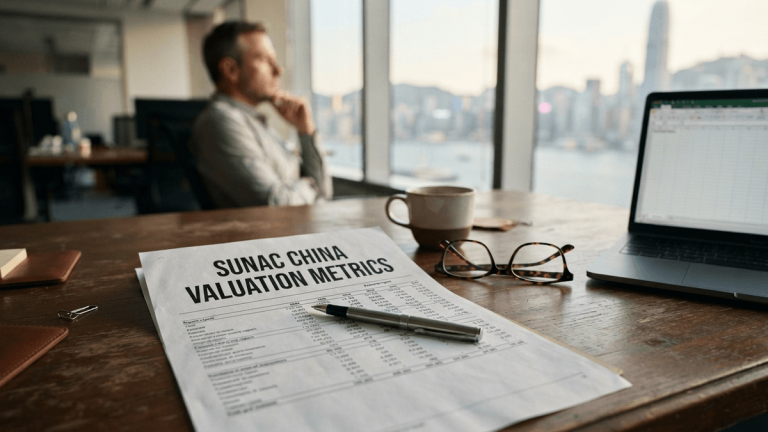 A printed document with the title 'SUNAC CHINA VALUATION METRICS' on a desk with a blurred city skyline in the background.