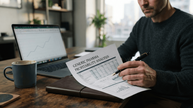 A close-up of a financial report titled 'GENERIC PHARMA PROFITABILITY ANALYSIS' on a desk with a laptop and notebook.