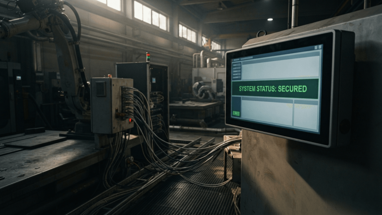 A digital screen on industrial equipment shows the text 'SYSTEM STATUS: SECURED' with ethernet cables connected nearby.