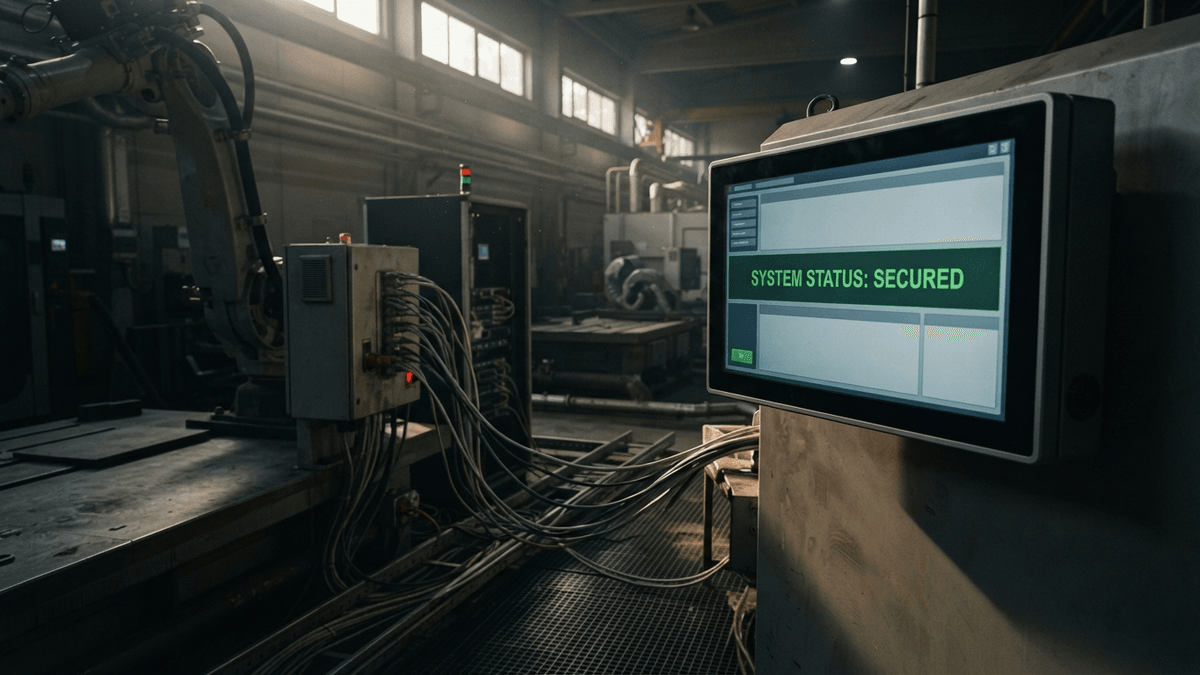 A digital screen on industrial equipment shows the text 'SYSTEM STATUS: SECURED' with ethernet cables connected nearby.