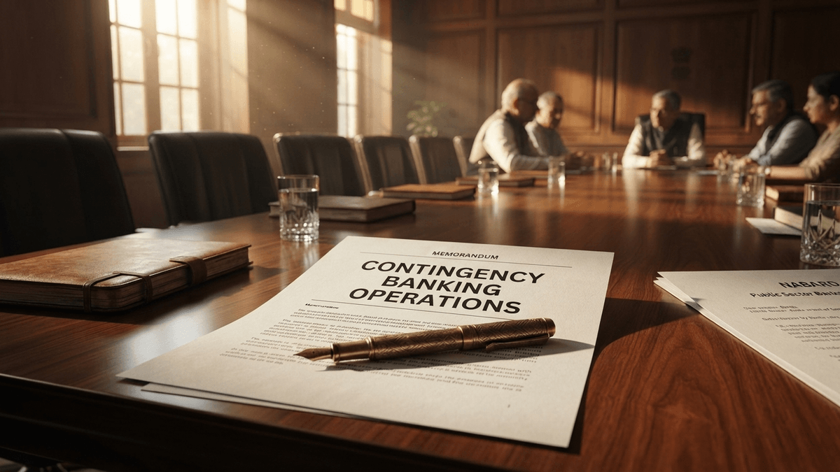 A document titled 'CONTINGENCY BANKING OPERATIONS' rests on a mahogany conference table in a government office.