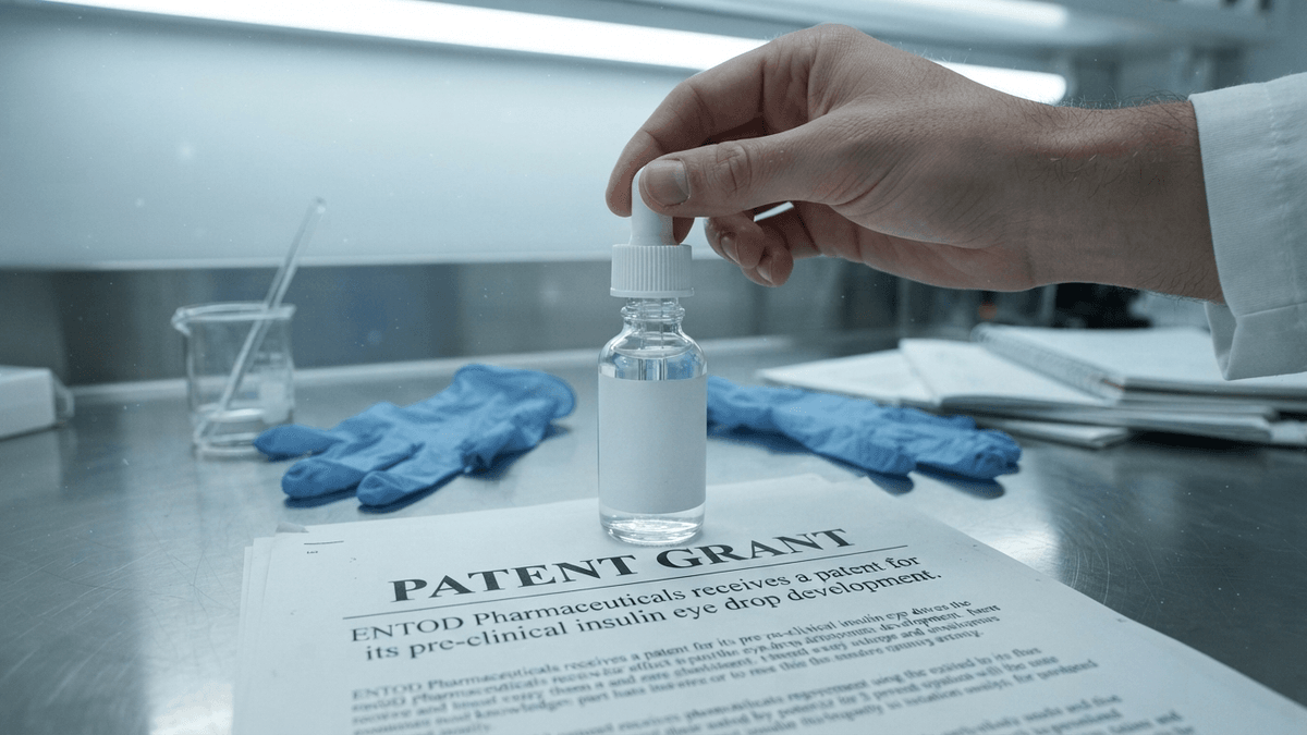 A glass eye-drop bottle sits on a patent document on a laboratory workbench.