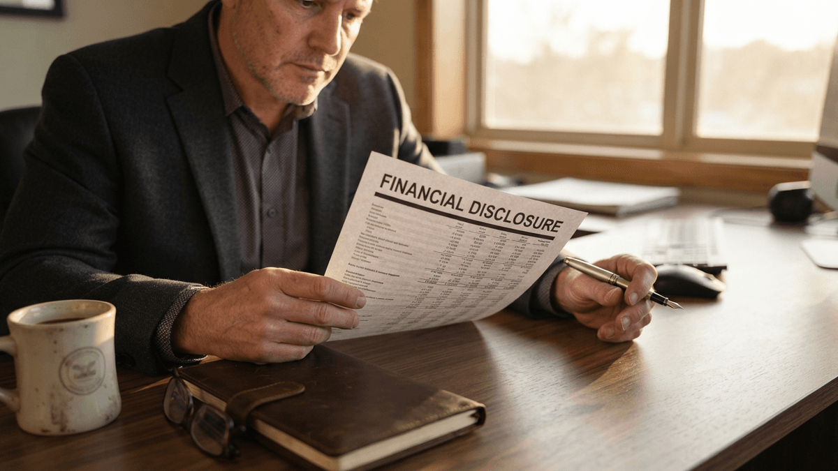 A close-up of a financial document titled 'FINANCIAL DISCLOSURE' on a desk with a pen and coffee mug.