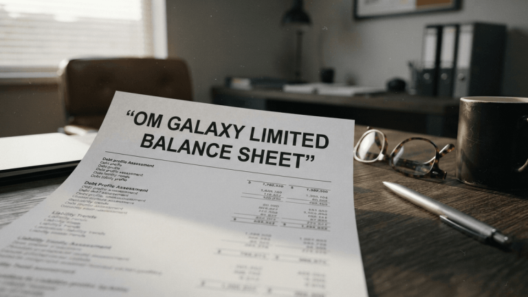 A close-up of a document titled OM GALAXY LIMITED BALANCE SHEET on a desk with glasses and a pen.