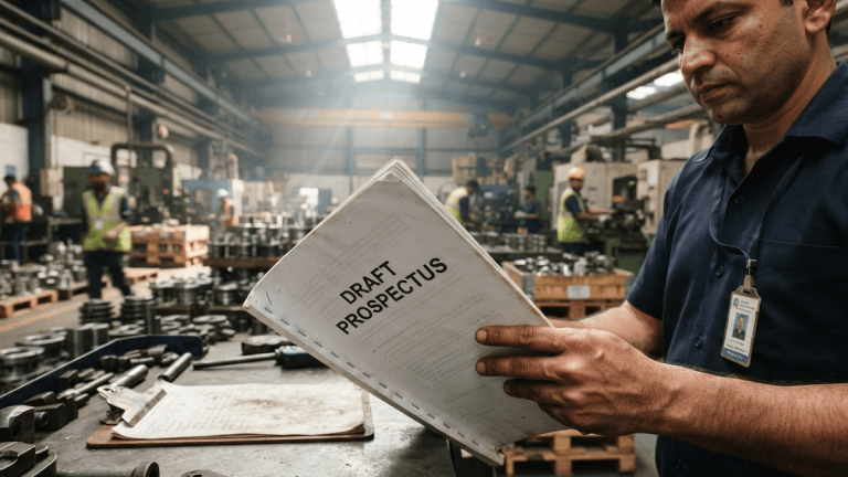A person holds a document titled 'DRAFT PROSPECTUS' on a factory floor with industrial components in the background.