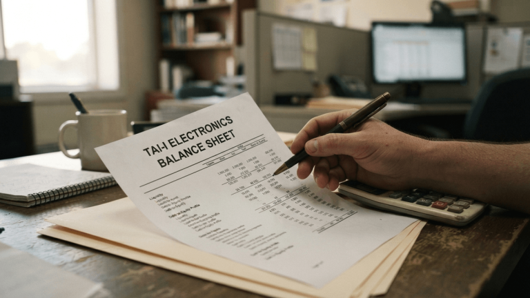 A printed balance sheet for Tai-I Electronics sits on a desk, with the title visible and data obscured by a hand.