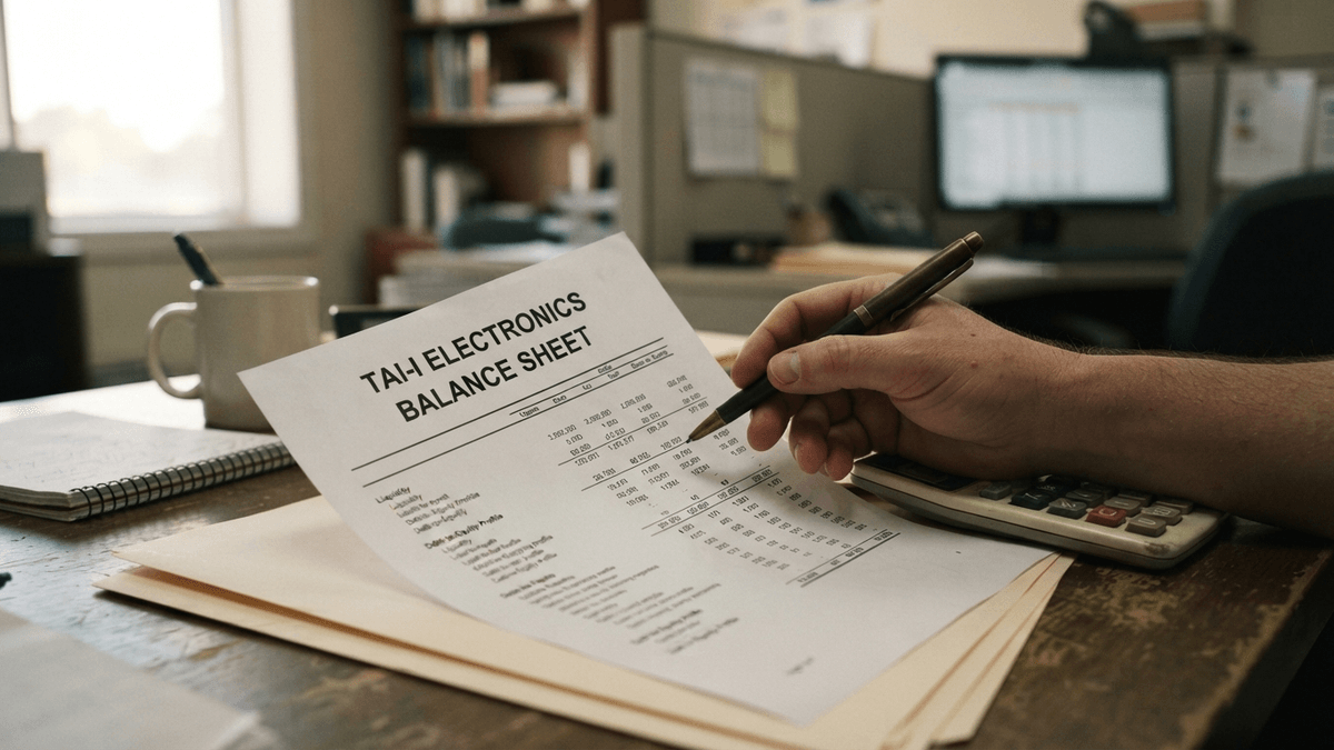 A printed balance sheet for Tai-I Electronics sits on a desk, with the title visible and data obscured by a hand.