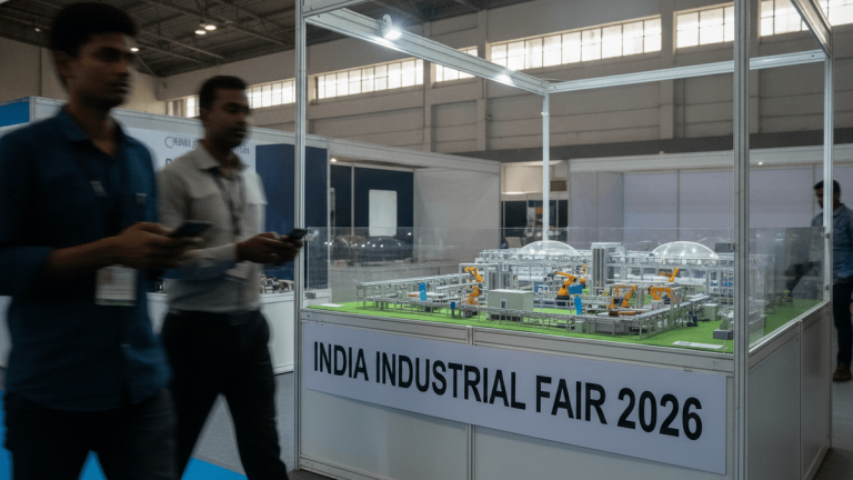 A scale model of an industrial facility at the India Industrial Fair 2026 in Raipur with event branding in the foreground.