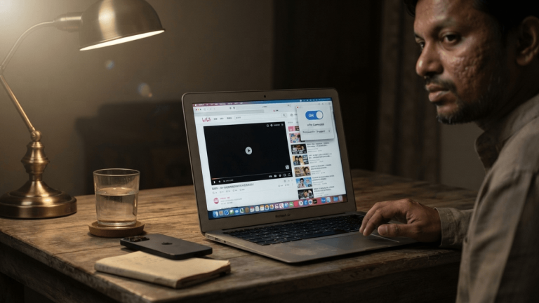 A laptop screen in a dark room displays the Bilibili website alongside a VPN connection window.