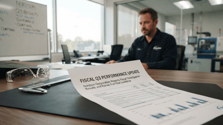 A printed document titled 'FISCAL Q3 PERFORMANCE UPDATE' sits on a desk next to industrial precision tools.