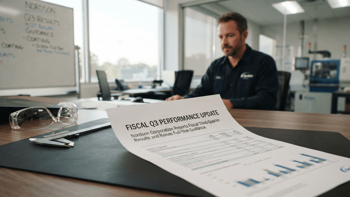 A printed document titled 'FISCAL Q3 PERFORMANCE UPDATE' sits on a desk next to industrial precision tools.