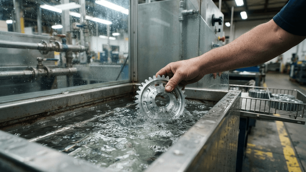 A close-up of a machined metal gear being lowered into an industrial aqueous cleaning tank on a factory floor.