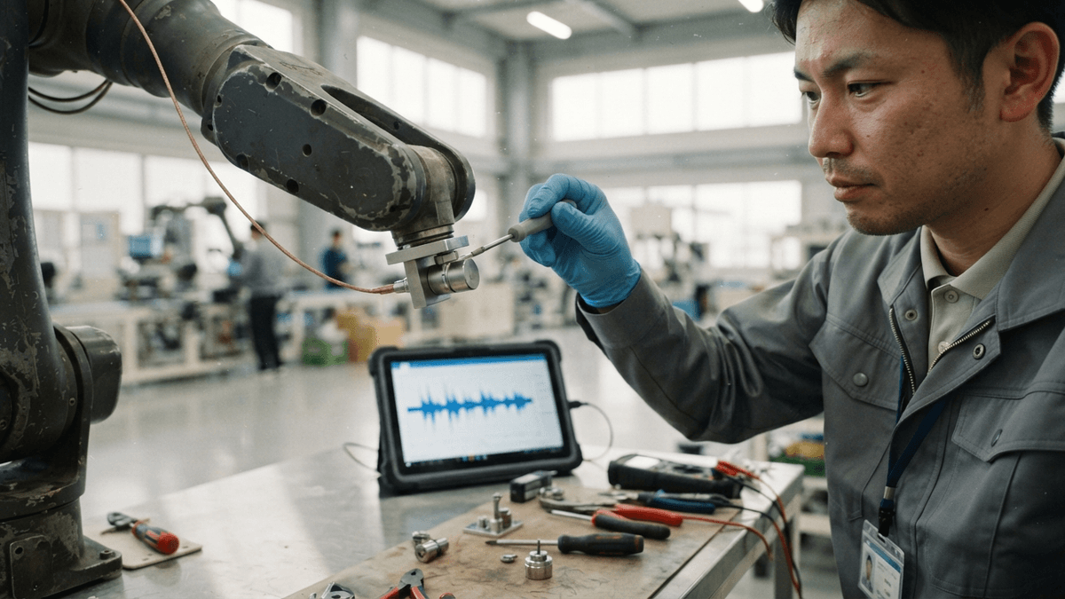 A close-up view of a technician attaching a wired sensor to a metallic industrial robotic arm in a factory.