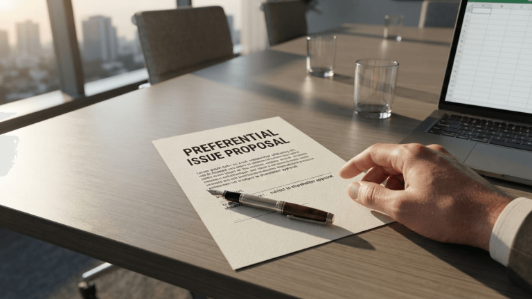 A close-up of a document titled 'PREFERENTIAL ISSUE PROPOSAL' on a modern office table with a pen.