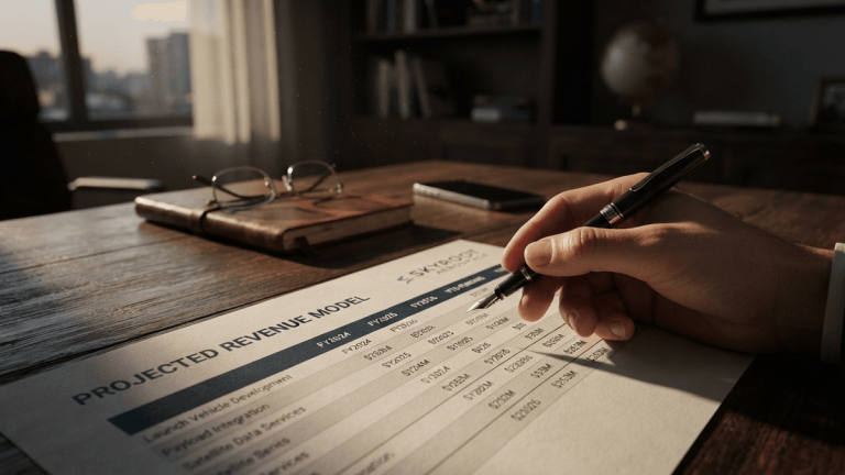 A close-up of a printed revenue model spreadsheet on a desk, partially obscured by a hand holding a pen.