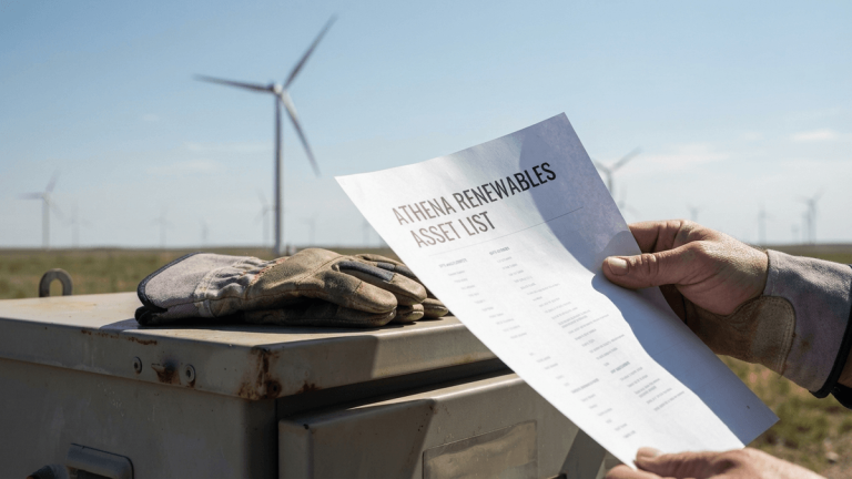 A hand holding a document titled ATHENA RENEWABLES ASSET LIST in front of a wind farm.