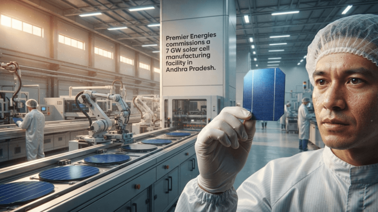 A technician holds a blue solar cell in a large, automated manufacturing facility in Andhra Pradesh.