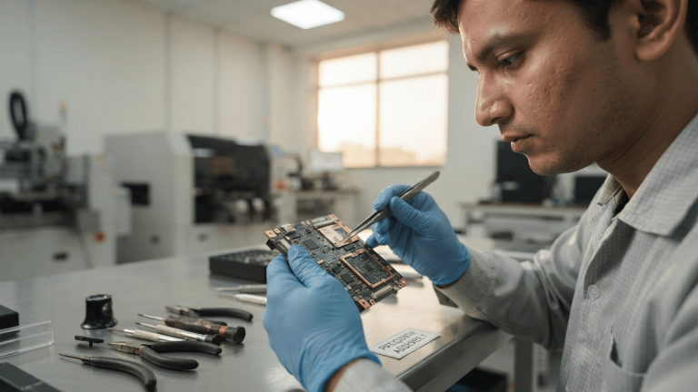 A technician in gloves assembles a complex circuit module on a workbench in a bright, modern manufacturing facility.